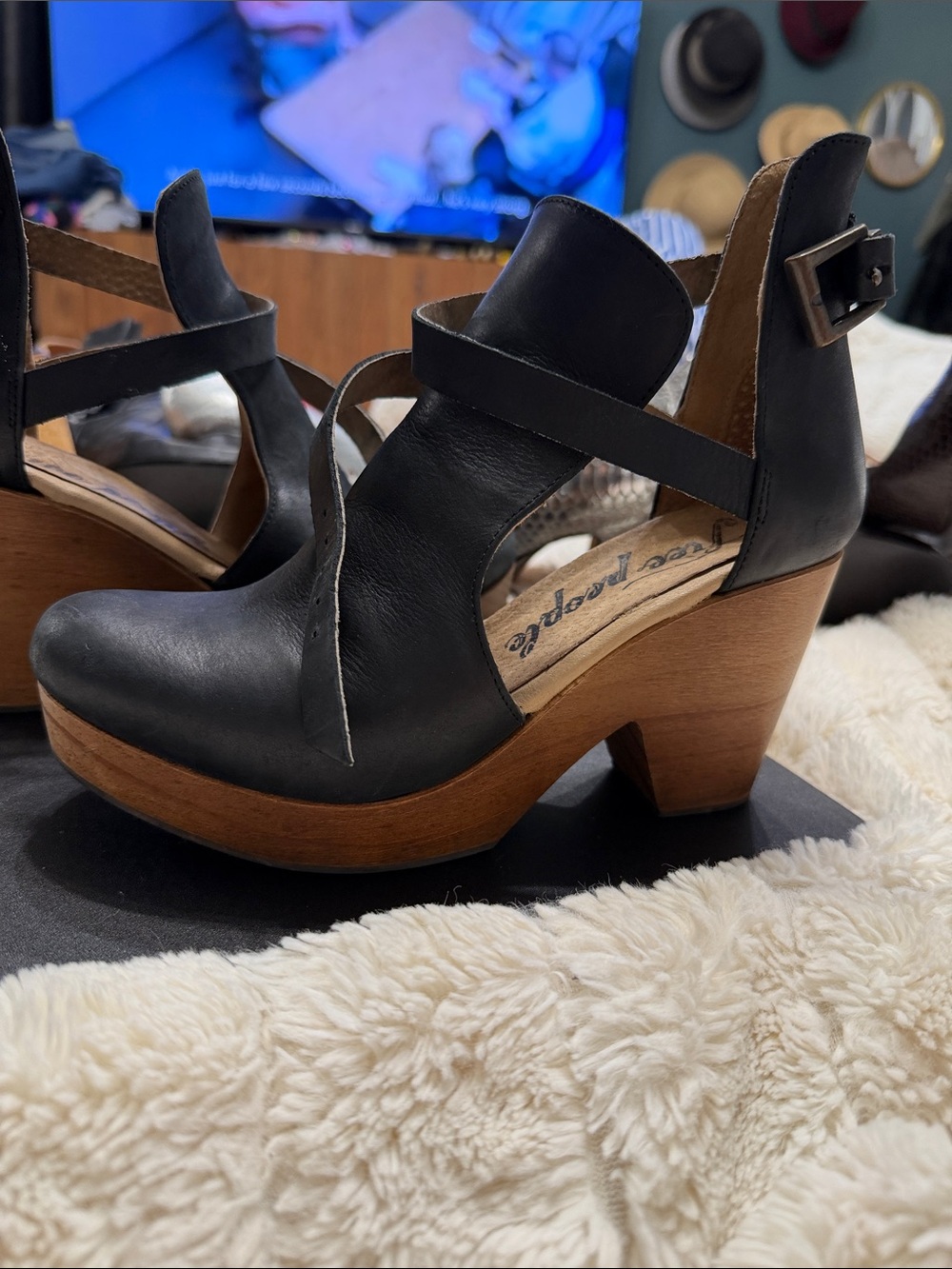 Free People Black Leather Platform Clog with Wood Heel